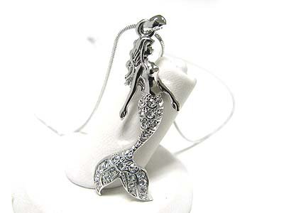 Beautiful ICE Crystal Mermaid Side Profile Charm Necklace Silver Tone