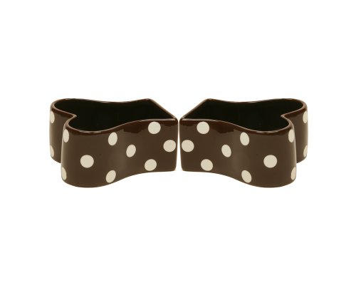 Terramoto Ceramic Pet Food Bowl, Bone Shaped Chocolate with White Polka Dots, Set of 2