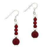 Sterling Silver Red Genuine Sea Bamboo Coral Stone Bead Drop Earrings