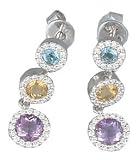 14K White Gold Hand-Crafted Designer Closed Circle-Shaped Earrings, Enhanced with Pave Set Diamonds and six Semi Precious Stones.( GH-Color, SI-Clarity, c.t.t.w. 0.37CT, Semi Precious Stones 1.67CT).