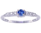 14K Yellow or White Gold Petite Round Gemstone and Diamond Promise Ring-Blue Sapphire-full, half sizes from 5-8.5