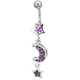 Purple Crystal Moon And Stars Dangle Belly Ring