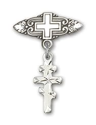 Sterling Silver Baby Badge with Greek Orthadox Cross Charm and Badge Pin with Cross