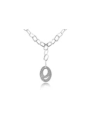 14K White Gold Matte-Finish Hammered-Finish Hand-Crafted Open Link Y-Shaped Necklace, Designed with an Open Link Oval Drop, Enhanced with Pave Set Diamonds.