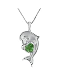 Sterling Silver Green Sapphire Lucky Dolphin Necklace Heart Pendant on an 18" Box Chain