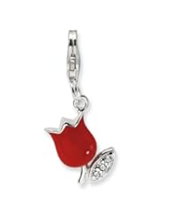 Sterling Silver CZ Red Enameled Tulip Flower w/Lobster Claw Clasp Clasp Charm