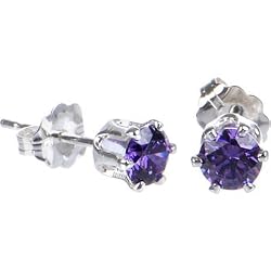 Sterling Silver 4mm Amethyst (February) Cubic Zirconia Stud Earrings
