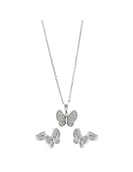 Nickel Free Sterling Silver Necklace & Earring Sets Cubic Zirconia Stones Butterfly Set Pendant 12Mm X 10Mm Earring 10Mm X 8Mm Chain Adjustable 16"-18"