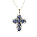 2.1cttw Genuine Created Blue Sapphire Cross with Diamond Accents and 10K Yellow Gold Pendant with Chain Necklace Gift Boxed