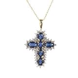 2.1cttw Genuine Created Blue Sapphire Cross with Diamond Accents and 10K Yellow Gold Pendant with Chain Necklace Gift Boxed