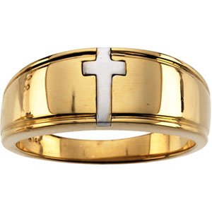 R7047 14K Yellow Gold/White Mens 2 Tone Cross Duo Band