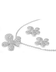 Sterling Silver CZ Fine Flower Plumeria Earring & Necklace Set
