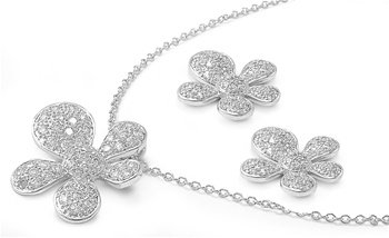 Sterling Silver & CZ Fine Flower Plumeria Earring & Necklace Set