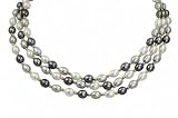 14K 3-Strand White/Black/Silver Rice Pearl Necklace