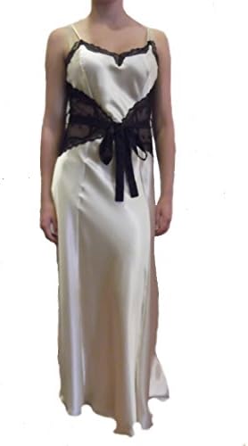 Jane Woolrich Handmade Satin Champagne and Black Lace Nightgown X-Small