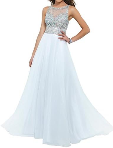 Dreamprom Chiffon Long Prom Dresses 2015 with High Neck & Fully Beaded Mesh Bodice (White, US2)