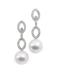 18K Palladium White Gold Pair Round South Sea Cultured Pearl & Diamond Earring Diamond quality VS (VS2 clarity G-I color)