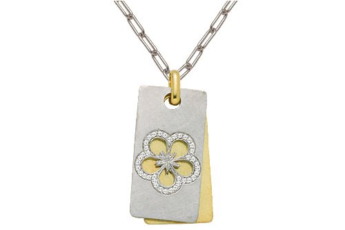 14K White and Yellow Gold Matte-Finish Two-Plate Flower Pendant, Enhanced with Pave Set Diamonds, Sliding on a 17 White Gold Open-Link Necklace.