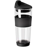 Oggi Double Wall Borosilicate Glass Travel Mug with Silicone Top and Grip, 16-Ounce, Black