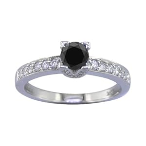 Femme Bague Or Blanc 585/1000 Diamant Noir et Diamant 0.8 Karat T54