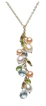14k Yellow Gold Freshwater Cultured Pearl, Peridot, and Blue Topaz Drop Necklace, 17"