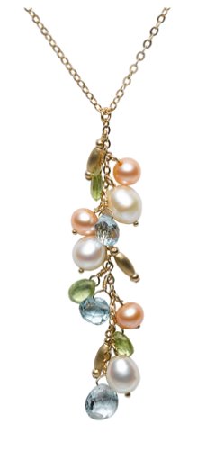 14k Yellow Gold Freshwater Cultured Pearl, Peridot, and Blue Topaz Drop Necklace, 17