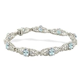 14K White Gold Genuine Oval Aquamarine and Diamond Bracelet by Jewels For Me