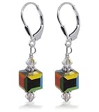 Scintillating Vitrail Swarovski Cube Crystal .925 Sterling Silver Leverback Drop Earrings