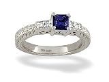 14K White Gold Square Created Sapphire and Diamond Ring