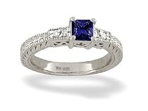 14K White Gold Square Created Sapphire and Diamond Ring