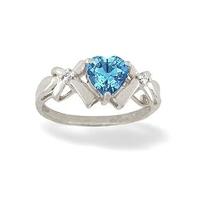 14K White Gold Genuine Heart Blue Topaz and Diamond Ring by Jewels For Me