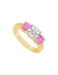 Three Stone Pink Sapphire and Diamond Ring 14K Yellow Gold - 1.25 CT TGW