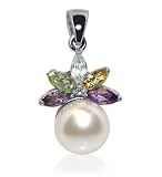 Genuine .925 Sterling Silver Multicolor Gemstone Fresh water Cultured Pearl Pendant Charm