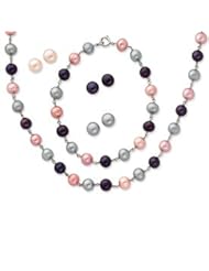 Sterling Silver FW Cultured Pearl 18 in Neck. 7.25 in Bracelet & 3 Piece Earrings