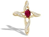 14K Yellow Gold Genuine Oval Ruby and Diamond Cross Pendant