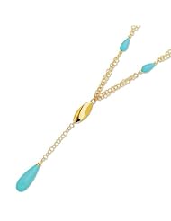 17" 14K Yellow Gold 3.45mm (1/8") Double Strand Round Chain Link w/ Genuine Turquoise w/ 4" Dangle Fancy Necklace w/ Pear Shape Clasp