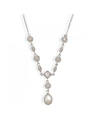 MMA Silver - 16 inch Rhodium Plated Cultured Freshwater Pearl and Marquise/Round CZ Necklace