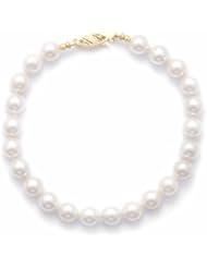 Sterling Silver 7 Inch 6-6.5mm Grade AA Cultured Akoya Pearl Bracelet individually knotted with a 14K Yellow Gold Clasp