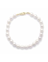 Sterling Silver 8 Inch 6-6.5mm Grade AA Cultured Akoya Pearl Bracelet individually knotted with a 14K Yellow Gold Clasp