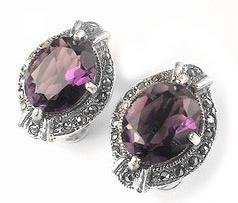 Sterling Silver and Amethyst Clip-On Marcasite Earrings
