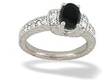 14K White Gold Genuine Oval Black Onyx and Diamond Ring