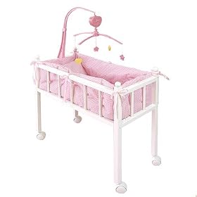 Doll Crib and Bedding on Wheels with Musical Mobile