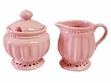 Ceramic TEA Party Sugar Bowl & Creamer Set Battenburg Collection Princess Pink
