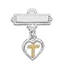 Baby Boy or Girl Polished sterling silver baptismal pin with an open heart charm containing an 18 karat gold plated cross in the center. Charm pin measures approximately 27mmx18mm.