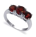 Garnet Gemstone Ring Sterling Silver Polished Finish Three Stone Band