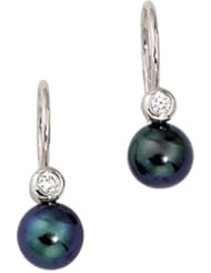 14K White Gold Black Freshwater Pearl Diamond Earrings