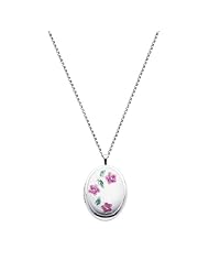 Sterling Silver Pink Enamel Flower Engraved Locket Pendant (1" or 25mm Height) with 1.5mm Rolo Cable Chain - 18" Inches
