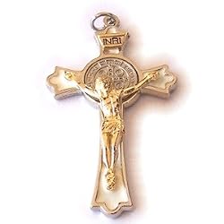 St. Benedict Rosary crucifix with white enamel - Extra Large - Gold plated grade A Pendant (8cm-3.3")
