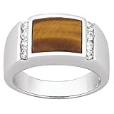 Mens Sterling Silver Genuine Tiger Eye Cubic Zirconia CZ Ring, Size: 11