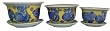 Blue and yellow planters with saucers - set of 3 - porcelain